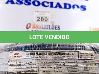 LOTE 280 - 01 CABO FLEXÍVEL DE FIO DE 100M 1X10,00MM² PRETO. (NOVO) (NO ESTADO) ATENÇÃO! FAZER A VISITAÇÃO ANTES DE ARREMATAR, NÃO SABEMOS SE FUNCIONA. LEILÃO NÃO TEM GARANTIA E NEM DEVOLUÇÃO, SUJEITO A POSSÍVEIS AVARIAS VISÍVEIS/OCULTAS E/OU AUSÊNCIA DE COMPONENTES.