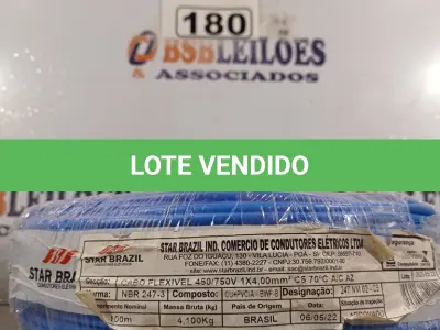 LOTE 180 - 01 CABO FLEXÍVEL DE FIO DE 100M 1X4,00MM² NA COR AZUL. (NOVO) (NO ESTADO) ATENÇÃO! FAZER A VISITAÇÃO ANTES DE ARREMATAR, NÃO SABEMOS SE FUNCIONA. LEILÃO NÃO TEM GARANTIA E NEM DEVOLUÇÃO, SUJEITO A POSSÍVEIS AVARIAS VISÍVEIS/OCULTAS E/OU AUSÊNCIA DE COMPONENTES.