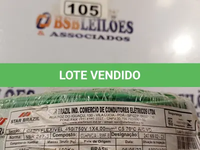 LOTE 105 - 01 CABO FLEXÍVEL DE FIO DE100M 1X4MM² NA COR VERDE. (NOVO) (NO ESTADO) ATENÇÃO! FAZER A VISITAÇÃO ANTES DE ARREMATAR, NÃO SABEMOS SE FUNCIONA. LEILÃO NÃO TEM GARANTIA E NEM DEVOLUÇÃO, SUJEITO A POSSÍVEIS AVARIAS VISÍVEIS/OCULTAS E/OU AUSÊNCIA DE COMPONENTES.