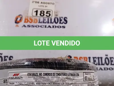 LOTE 185 - 01 CABO FLEXÍVEL DE FIO DE100M 1X2,50MM² PRETO. (NOVO) (NO ESTADO) ATENÇÃO! FAZER A VISITAÇÃO ANTES DE ARREMATAR, NÃO SABEMOS SE FUNCIONA. LEILÃO NÃO TEM GARANTIA E NEM DEVOLUÇÃO, SUJEITO A POSSÍVEIS AVARIAS VISÍVEIS/OCULTAS E/OU AUSÊNCIA DE COMPONENTES.