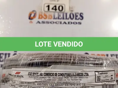 LOTE 140 - 01 CABO FLEXÍVEL DE FIO DE100M 1X4MM² NA COR CINZA. (NOVO) (NO ESTADO) ATENÇÃO! FAZER A VISITAÇÃO ANTES DE ARREMATAR, NÃO SABEMOS SE FUNCIONA. LEILÃO NÃO TEM GARANTIA E NEM DEVOLUÇÃO, SUJEITO A POSSÍVEIS AVARIAS VISÍVEIS/OCULTAS E/OU AUSÊNCIA DE COMPONENTES.