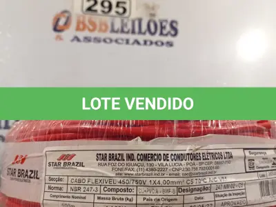 LOTE 295 - 01 CABO FLEXÍVEL DE FIO DE 100M 1X4,00MM² VERMELHO. (NOVO) (NO ESTADO) ATENÇÃO! FAZER A VISITAÇÃO ANTES DE ARREMATAR, NÃO SABEMOS SE FUNCIONA. LEILÃO NÃO TEM GARANTIA E NEM DEVOLUÇÃO, SUJEITO A POSSÍVEIS AVARIAS VISÍVEIS/OCULTAS E/OU AUSÊNCIA DE COMPONENTES.