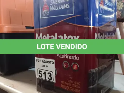 LOTE 513 - 01 LATA DE TINTA (BASE) SHERWIN WILLIAMS METALATEX SEM CHEIRO INTERIOR/EXTERIOR ACETINADO 16L.  ESTADO) ATENÇÃO! FAZER A VISITAÇÃO ANTES DE ARREMATAR, NÃO SABEMOS SE FUNCIONA. LEILÃO NÃO TEM GARANTIA E NEM DEVOLUÇÃO, SUJEITO A POSSÍVEIS AVARIAS VISÍVEIS/OCULTAS E/OU AUSÊNCIA DE COMPONENTES.