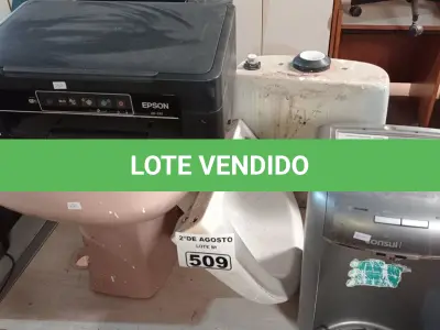 LOTE 509 - 01 BIDÊ, 01 PIA, 01 CAIXA DE DESCARGA, 01 PURIFICADOR DE ÁGUA MARCA CÔNSUL E 01 IMPRESSORA EPCON XP, 241. (NO ESTADO) ATENÇÃO! FAZER A VISITAÇÃO ANTES DE ARREMATAR, NÃO SABEMOS SE FUNCIONA. LEILÃO NÃO TEM GARANTIA E NEM DEVOLUÇÃO, SUJEITO A POSSÍVEIS AVARIAS VISÍVEIS/OCULTAS E/OU AUSÊNCIA DE COMPONENTES.