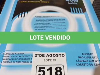 LOTE 518 -  10 LÂMPADAS FLUORESCENTE CIRCULAR 6400K 40W E 10 REATORES 1X40. (NO ESTADO) ATENÇÃO! FAZER A VISITAÇÃO ANTES DE ARREMATAR, NÃO SABEMOS SE FUNCIONA. LEILÃO NÃO TEM GARANTIA E NEM DEVOLUÇÃO, SUJEITO A POSSÍVEIS AVARIAS VISÍVEIS/OCULTAS E/OU AUSÊNCIA DE COMPONENTES.