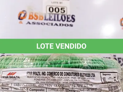 LOTE 005 - 01 ROLO DE CABO FLEXÍVEL 100M 4MM NA COR VERDE. (NO ESTADO) ATENÇÃO! FAZER A VISITAÇÃO ANTES DE ARREMATAR, NÃO SABEMOS SE FUNCIONA. LEILÃO NÃO TEM GARANTIA E NEM DEVOLUÇÃO, SUJEITO A POSSÍVEIS AVARIAS VISÍVEIS/OCULTAS E/OU AUSÊNCIA DE COMPONENTES.