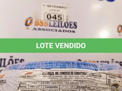 LOTE 045 - 01 ROLO DE CABO FLEXÍVEL 100M 4MM NA COR AZUL. (NO ESTADO) ATENÇÃO! FAZER A VISITAÇÃO ANTES DE ARREMATAR, NÃO SABEMOS SE FUNCIONA. LEILÃO NÃO TEM GARANTIA E NEM DEVOLUÇÃO, SUJEITO A POSSÍVEIS AVARIAS VISÍVEIS/OCULTAS E/OU AUSÊNCIA DE COMPONENTES.