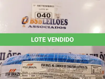 LOTE 040 - 01 ROLO DE CABO FLEXÍVEL 100M 4MM NA COR AZUL. (NO ESTADO) ATENÇÃO! FAZER A VISITAÇÃO ANTES DE ARREMATAR, NÃO SABEMOS SE FUNCIONA. LEILÃO NÃO TEM GARANTIA E NEM DEVOLUÇÃO, SUJEITO A POSSÍVEIS AVARIAS VISÍVEIS/OCULTAS E/OU AUSÊNCIA DE COMPONENTES.