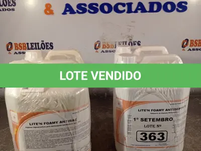 LOTE 363 - 20 LITROS DE SABONETE DE ESPUMA ANTISSÉPTICO. (NO ESTADO) ATENÇÃO! FAZER A VISITAÇÃO ANTES DE ARREMATAR, NÃO SABEMOS SE FUNCIONA. LEILÃO NÃO TEM GARANTIA E NEM DEVOLUÇÃO, SUJEITO A POSSÍVEIS AVARIAS VISÍVEIS/OCULTAS E/OU AUSÊNCIA DE COMPONENTES.