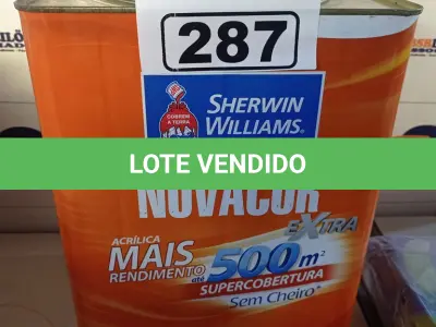 LOTE 287 - 01 LATA DE TINTA SHERWIN WILLIAMS NOVACOR SEM CHEIRO SEMIBRILHO INTERIORES/EXTERIORES 18L NA COR MARFIM. (NO ESTADO) ATENÇÃO! FAZER A VISITAÇÃO ANTES DE ARREMATAR, NÃO SABEMOS SE FUNCIONA. LEILÃO NÃO TEM GARANTIA E NEM DEVOLUÇÃO, SUJEITO A POSSÍVEIS AVARIAS VISÍVEIS/OCULTAS E/OU AUSÊNCIA DE COMPONENTES.