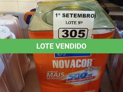 LOTE 305 - 01 LATA DE TINTA SHERWIN WILLIAMS NOVACOR SEM CHEIRO SEMIBRILHO INTERIORES/EXTERIORES 18L NA COR PALHA. (NO ESTADO) ATENÇÃO! FAZER A VISITAÇÃO ANTES DE ARREMATAR, NÃO SABEMOS SE FUNCIONA. LEILÃO NÃO TEM GARANTIA E NEM DEVOLUÇÃO, SUJEITO A POSSÍVEIS AVARIAS VISÍVEIS/OCULTAS E/OU AUSÊNCIA DE COMPONENTES.