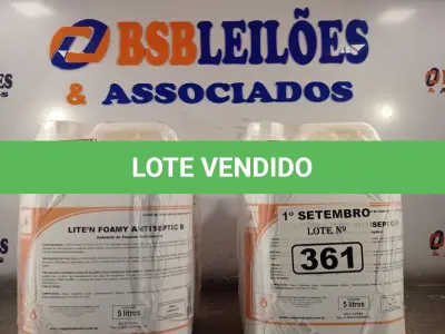 LOTE 361 - 20 LITROS DE SABONETE DE ESPUMA ANTISSÉPTICO. (NO ESTADO) ATENÇÃO! FAZER A VISITAÇÃO ANTES DE ARREMATAR, NÃO SABEMOS SE FUNCIONA. LEILÃO NÃO TEM GARANTIA E NEM DEVOLUÇÃO, SUJEITO A POSSÍVEIS AVARIAS VISÍVEIS/OCULTAS E/OU AUSÊNCIA DE COMPONENTES.