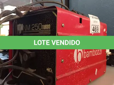LOTE 469 - 01 MÁQUINA DE SOLDA BAMBOZZI 250. (NO ESTADO) ATENÇÃO! FAZER A VISITAÇÃO ANTES DE ARREMATAR, NÃO SABEMOS SE FUNCIONA. LEILÃO NÃO TEM GARANTIA E NEM DEVOLUÇÃO, SUJEITO A POSSÍVEIS AVARIAS VISÍVEIS/OCULTAS E/OU AUSÊNCIA DE COMPONENTES.