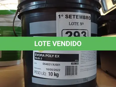 LOTE 293 - 01 BALDE DE GRAXA EVORA POLY EX NLGI:2 10 KG. (NO ESTADO) ATENÇÃO! FAZER A VISITAÇÃO ANTES DE ARREMATAR, NÃO SABEMOS SE FUNCIONA. LEILÃO NÃO TEM GARANTIA E NEM DEVOLUÇÃO, SUJEITO A POSSÍVEIS AVARIAS VISÍVEIS/OCULTAS E/OU AUSÊNCIA DE COMPONENTES.