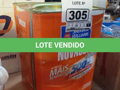 LOTE 305 - 01 LATA DE TINTA SHERWIN WILLIAMS NOVACOR SEM CHEIRO SEMIBRILHO INTERIORES/EXTERIORES 18L NA COR PALHA. (NO ESTADO) ATENÇÃO! FAZER A VISITAÇÃO ANTES DE ARREMATAR, NÃO SABEMOS SE FUNCIONA. LEILÃO NÃO TEM GARANTIA E NEM DEVOLUÇÃO, SUJEITO A POSSÍVEIS AVARIAS VISÍVEIS/OCULTAS E/OU AUSÊNCIA DE COMPONENTES.