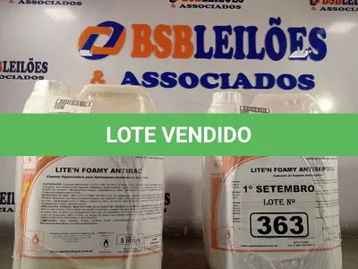 LOTE 363 - 20 LITROS DE SABONETE DE ESPUMA ANTISSÉPTICO. (NO ESTADO) ATENÇÃO! FAZER A VISITAÇÃO ANTES DE ARREMATAR, NÃO SABEMOS SE FUNCIONA. LEILÃO NÃO TEM GARANTIA E NEM DEVOLUÇÃO, SUJEITO A POSSÍVEIS AVARIAS VISÍVEIS/OCULTAS E/OU AUSÊNCIA DE COMPONENTES.