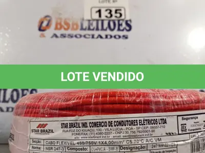 LOTE 135 - 01 ROLO DE CABO FLEXÍVEL 100M 1X4MM NA COR VERMELHA(NOVO). (NO ESTADO) ATENÇÃO! FAZER A VISITAÇÃO ANTES DE ARREMATAR, NÃO SABEMOS SE FUNCIONA. LEILÃO NÃO TEM GARANTIA E NEM DEVOLUÇÃO, SUJEITO A POSSÍVEIS AVARIAS VISÍVEIS/OCULTAS E/OU AUSÊNCIA DE COMPONENTES.