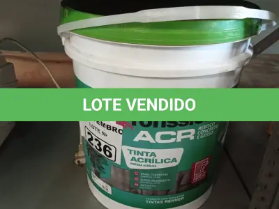 LOTE 236 - 01 BALDE DE TINTA ACRÍLICA 18L NA COR CONCRETO FOSCO. (NO ESTADO) ATENÇÃO! FAZER A VISITAÇÃO ANTES DE ARREMATAR, NÃO SABEMOS SE FUNCIONA. LEILÃO NÃO TEM GARANTIA E NEM DEVOLUÇÃO, SUJEITO A POSSÍVEIS AVARIAS VISÍVEIS/OCULTAS E/OU AUSÊNCIA DE COMPONENTES.