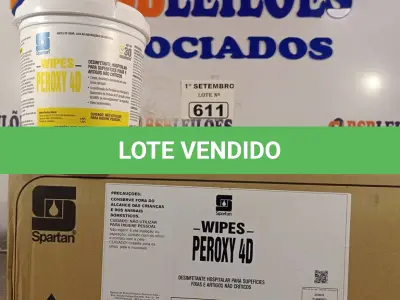 LOTE 611 - 01 CAIXA DE PEROXY 4D, DESINFETANTE HOSPITALAR PARA SUPERFÍCIES FIXAS E ARTIGOS NÃO CRÍTICOS COM 06 POTES CADA. (NO ESTADO) ATENÇÃO! FAZER A VISITAÇÃO ANTES DE ARREMATAR, NÃO SABEMOS SE FUNCIONA. LEILÃO NÃO TEM GARANTIA E NEM DEVOLUÇÃO, SUJEITO A POSSÍVEIS AVARIAS VISÍVEIS/OCULTAS E/OU AUSÊNCIA DE COMPONENTES.