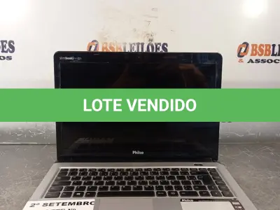 LOTE 007 - 01 NOTEBOOK MARCA PHILCO. (NO ESTADO) ATENÇÃO! FAZER A VISITAÇÃO ANTES DE ARREMATAR, NÃO SABEMOS SE FUNCIONA. LEILÃO NÃO TEM GARANTIA E NEM DEVOLUÇÃO, SUJEITO A POSSÍVEIS AVARIAS VISÍVEIS/OCULTAS E/OU AUSÊNCIA DE COMPONENTES.