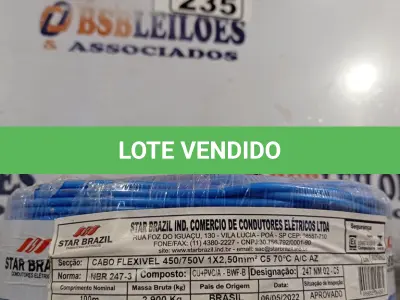 LOTE 235 - 01 ROLO DE CABO FLEXÍVEL 100M 1X2,5MM NA COR AZUL(NOVO). (NO ESTADO) ATENÇÃO! FAZER A VISITAÇÃO ANTES DE ARREMATAR, NÃO SABEMOS SE FUNCIONA. LEILÃO NÃO TEM GARANTIA E NEM DEVOLUÇÃO, SUJEITO A POSSÍVEIS AVARIAS VISÍVEIS/OCULTAS E/OU AUSÊNCIA DE COMPONENTES.