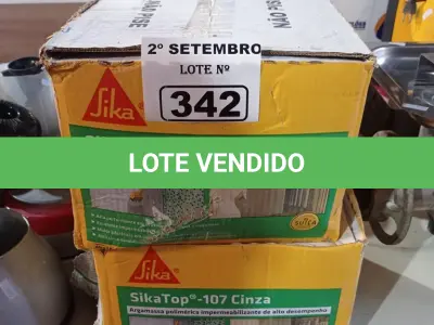 LOTE 342 - 02 CAIXAS DE SIKA TOP-107 CINZA, ARGAMASSA POLIMÉRICA IMPERMEABILIZANTE DE ALTO DESEMPENHO. (NO ESTADO) ATENÇÃO! FAZER A VISITAÇÃO ANTES DE ARREMATAR, NÃO SABEMOS SE FUNCIONA. LEILÃO NÃO TEM GARANTIA E NEM DEVOLUÇÃO, SUJEITO A POSSÍVEIS AVARIAS VISÍVEIS/OCULTAS E/OU AUSÊNCIA DE COMPONENTES.
