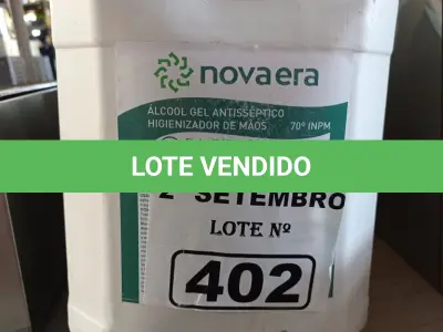 LOTE 402 - 16 QUILOS DE ÁLCOOL EM GEL HIGIENIZADOR DE MÃOS. (NO ESTADO) ATENÇÃO! FAZER A VISITAÇÃO ANTES DE ARREMATAR, NÃO SABEMOS SE FUNCIONA. LEILÃO NÃO TEM GARANTIA E NEM DEVOLUÇÃO, SUJEITO A POSSÍVEIS AVARIAS VISÍVEIS/OCULTAS E/OU AUSÊNCIA DE COMPONENTES.