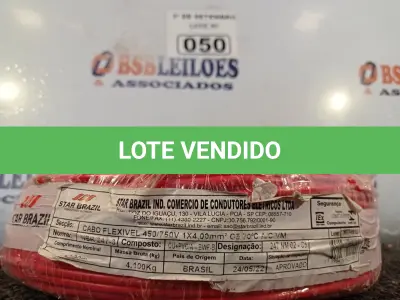 LOTE 050 - 01 ROLO DE CABO FLEXÍVEL 100M, 4MM NA COR VERMELHA. (NO ESTADO) ATENÇÃO! FAZER A VISITAÇÃO ANTES DE ARREMATAR, NÃO SABEMOS SE FUNCIONA. LEILÃO NÃO TEM GARANTIA E NEM DEVOLUÇÃO, SUJEITO A POSSÍVEIS AVARIAS VISÍVEIS/OCULTAS E/OU AUSÊNCIA DE COMPONENTES.