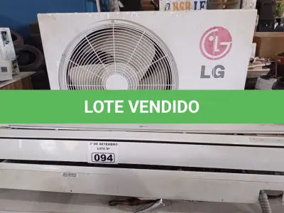 LOTE 094 - 01 AR-CONDICIONADO MARCA LG 24000BTU. (NO ESTADO) ATENÇÃO! FAZER A VISITAÇÃO ANTES DE ARREMATAR, NÃO SABEMOS SE FUNCIONA. LEILÃO NÃO TEM GARANTIA E NEM DEVOLUÇÃO, SUJEITO A POSSÍVEIS AVARIAS VISÍVEIS/OCULTAS E/OU AUSÊNCIA DE COMPONENTES.