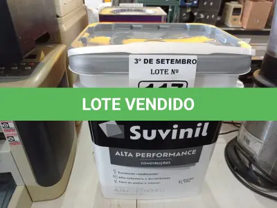 LOTE 117 - 01 BALDE DE TINTA SUVINIL INTERIORES ACRÍLICO FOSCO 18L NA COR FOSCO BRANCO. (NO ESTADO) ATENÇÃO! FAZER A VISITAÇÃO ANTES DE ARREMATAR, NÃO SABEMOS SE FUNCIONA. LEILÃO NÃO TEM GARANTIA E NEM DEVOLUÇÃO, SUJEITO A POSSÍVEIS AVARIAS VISÍVEIS/OCULTAS E/OU AUSÊNCIA DE COMPONENTES.