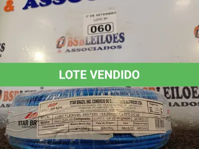 LOTE 060 - 01 ROLO DE CABO FLEXÍVEL 100M, 4MM NA COR AZUL. (NO ESTADO) ATENÇÃO! FAZER A VISITAÇÃO ANTES DE ARREMATAR, NÃO SABEMOS SE FUNCIONA. LEILÃO NÃO TEM GARANTIA E NEM DEVOLUÇÃO, SUJEITO A POSSÍVEIS AVARIAS VISÍVEIS/OCULTAS E/OU AUSÊNCIA DE COMPONENTES.