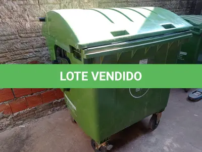 LOTE 166 - 01 CONTAINER HDPE EN840 1200LITROS. (NO ESTADO) ATENÇÃO! FAZER A VISITAÇÃO ANTES DE ARREMATAR, NÃO SABEMOS SE FUNCIONA. LEILÃO NÃO TEM GARANTIA E NEM DEVOLUÇÃO, SUJEITO A POSSÍVEIS AVARIAS VISÍVEIS/OCULTAS E/OU AUSÊNCIA DE COMPONENTES.