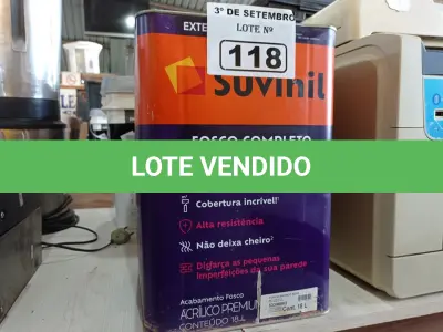 LOTE 118 - 01 LATA DE TINTA SUVINIL INTERIORES /EXTERIORES SEM CHEIRO 18L NA COR FOSCO BRANCO NEVE. (NO ESTADO) ATENÇÃO! FAZER A VISITAÇÃO ANTES DE ARREMATAR, NÃO SABEMOS SE FUNCIONA. LEILÃO NÃO TEM GARANTIA E NEM DEVOLUÇÃO, SUJEITO A POSSÍVEIS AVARIAS VISÍVEIS/OCULTAS E/OU AUSÊNCIA DE COMPONENTES.