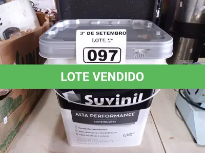 LOTE 097 - 01 BALDE DE TINTA SUVINIL INTERIORES ACRÍLICO FOSCO 18L NA COR FOSCO BRANCO. (NO ESTADO) ATENÇÃO! FAZER A VISITAÇÃO ANTES DE ARREMATAR, NÃO SABEMOS SE FUNCIONA. LEILÃO NÃO TEM GARANTIA E NEM DEVOLUÇÃO, SUJEITO A POSSÍVEIS AVARIAS VISÍVEIS/OCULTAS E/OU AUSÊNCIA DE COMPONENTES.