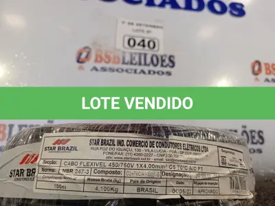LOTE 040 - 01 ROLO DE CABO FLEXÍVEL 100M, 4MM NA COR PRETA. (NO ESTADO) ATENÇÃO! FAZER A VISITAÇÃO ANTES DE ARREMATAR, NÃO SABEMOS SE FUNCIONA. LEILÃO NÃO TEM GARANTIA E NEM DEVOLUÇÃO, SUJEITO A POSSÍVEIS AVARIAS VISÍVEIS/OCULTAS E/OU AUSÊNCIA DE COMPONENTES.