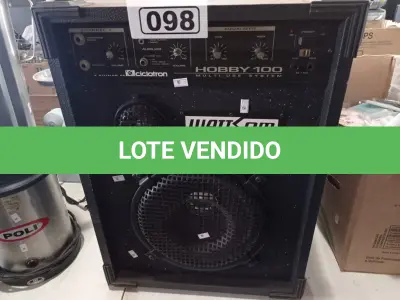 LOTE 098 - 01 CAIXA DE SOM HOBBY 100 WATTSON. (NO ESTADO) ATENÇÃO! FAZER A VISITAÇÃO ANTES DE ARREMATAR, NÃO SABEMOS SE FUNCIONA. LEILÃO NÃO TEM GARANTIA E NEM DEVOLUÇÃO, SUJEITO A POSSÍVEIS AVARIAS VISÍVEIS/OCULTAS E/OU AUSÊNCIA DE COMPONENTES.