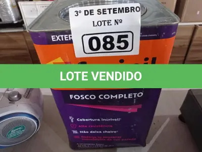 LOTE 085 - 01 LATA DE TINTA SUVINIL INTERIORES /EXTERIORES SEM CHEIRO 18L NA COR FOSCO BRANCO NEVE. (NO ESTADO) ATENÇÃO! FAZER A VISITAÇÃO ANTES DE ARREMATAR, NÃO SABEMOS SE FUNCIONA. LEILÃO NÃO TEM GARANTIA E NEM DEVOLUÇÃO, SUJEITO A POSSÍVEIS AVARIAS VISÍVEIS/OCULTAS E/OU AUSÊNCIA DE COMPONENTES.