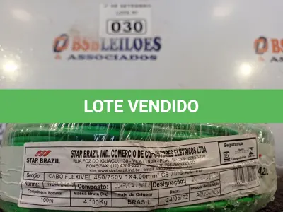 LOTE 030 - 01 ROLO DE CABO FLEXÍVEL 100M, 4MM NA COR VERDE. (NO ESTADO) ATENÇÃO! FAZER A VISITAÇÃO ANTES DE ARREMATAR, NÃO SABEMOS SE FUNCIONA. LEILÃO NÃO TEM GARANTIA E NEM DEVOLUÇÃO, SUJEITO A POSSÍVEIS AVARIAS VISÍVEIS/OCULTAS E/OU AUSÊNCIA DE COMPONENTES.