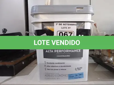 LOTE 067 - 01 BALDE DE TINTA SUVINIL INTERIORES ACRÍLICO FOSCO 18L NA COR FOSCO BRANCO. (NO ESTADO) ATENÇÃO! FAZER A VISITAÇÃO ANTES DE ARREMATAR, NÃO SABEMOS SE FUNCIONA. LEILÃO NÃO TEM GARANTIA E NEM DEVOLUÇÃO, SUJEITO A POSSÍVEIS AVARIAS VISÍVEIS/OCULTAS E/OU AUSÊNCIA DE COMPONENTES.