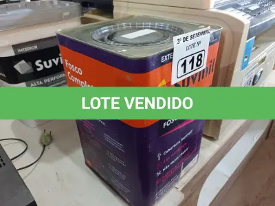 LOTE 118 - 01 LATA DE TINTA SUVINIL INTERIORES /EXTERIORES SEM CHEIRO 18L NA COR FOSCO BRANCO NEVE. (NO ESTADO) ATENÇÃO! FAZER A VISITAÇÃO ANTES DE ARREMATAR, NÃO SABEMOS SE FUNCIONA. LEILÃO NÃO TEM GARANTIA E NEM DEVOLUÇÃO, SUJEITO A POSSÍVEIS AVARIAS VISÍVEIS/OCULTAS E/OU AUSÊNCIA DE COMPONENTES.