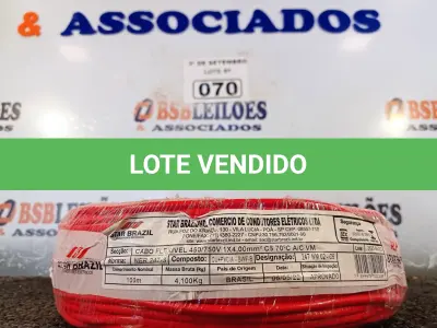 LOTE 070 - 01 ROLO DE CABO FLEXÍVEL 100M, 4MM NA COR VERMELHA. (NO ESTADO) ATENÇÃO! FAZER A VISITAÇÃO ANTES DE ARREMATAR, NÃO SABEMOS SE FUNCIONA. LEILÃO NÃO TEM GARANTIA E NEM DEVOLUÇÃO, SUJEITO A POSSÍVEIS AVARIAS VISÍVEIS/OCULTAS E/OU AUSÊNCIA DE COMPONENTES.