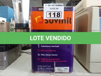 LOTE 118 - 01 LATA DE TINTA SUVINIL INTERIORES /EXTERIORES SEM CHEIRO 18L NA COR FOSCO BRANCO NEVE. (NO ESTADO) ATENÇÃO! FAZER A VISITAÇÃO ANTES DE ARREMATAR, NÃO SABEMOS SE FUNCIONA. LEILÃO NÃO TEM GARANTIA E NEM DEVOLUÇÃO, SUJEITO A POSSÍVEIS AVARIAS VISÍVEIS/OCULTAS E/OU AUSÊNCIA DE COMPONENTES.