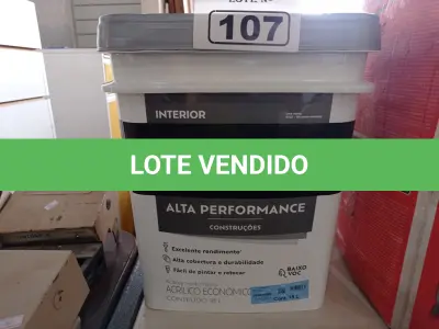 LOTE 107 - 01 BALDE DE TINTA SUVINIL INTERIORES ACRÍLICO FOSCO 18L NA COR FOSCO BRANCO. (NO ESTADO) ATENÇÃO! FAZER A VISITAÇÃO ANTES DE ARREMATAR, NÃO SABEMOS SE FUNCIONA. LEILÃO NÃO TEM GARANTIA E NEM DEVOLUÇÃO, SUJEITO A POSSÍVEIS AVARIAS VISÍVEIS/OCULTAS E/OU AUSÊNCIA DE COMPONENTES.
