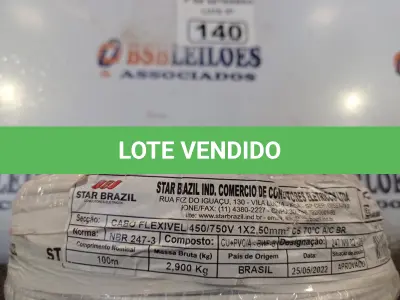 LOTE 140 - 01 ROLO DE CABO FLEXÍVEL 100M, 2,5MM NA COR VERDE. (NO ESTADO) ATENÇÃO! FAZER A VISITAÇÃO ANTES DE ARREMATAR, NÃO SABEMOS SE FUNCIONA. LEILÃO NÃO TEM GARANTIA E NEM DEVOLUÇÃO, SUJEITO A POSSÍVEIS AVARIAS VISÍVEIS/OCULTAS E/OU AUSÊNCIA DE COMPONENTES.