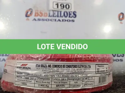 LOTE 190 - 01 ROLO DE CABO FLEXÍVEL 100M, 2,5MM NA COR VERMELHA. (NO ESTADO) ATENÇÃO! FAZER A VISITAÇÃO ANTES DE ARREMATAR, NÃO SABEMOS SE FUNCIONA. LEILÃO NÃO TEM GARANTIA E NEM DEVOLUÇÃO, SUJEITO A POSSÍVEIS AVARIAS VISÍVEIS/OCULTAS E/OU AUSÊNCIA DE COMPONENTES.