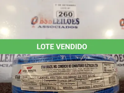 LOTE 260 - 01 ROLO DE CABO FLEXÍVEL 100M, 2,5MM NA COR AZUL. (NO ESTADO) ATENÇÃO! FAZER A VISITAÇÃO ANTES DE ARREMATAR, NÃO SABEMOS SE FUNCIONA. LEILÃO NÃO TEM GARANTIA E NEM DEVOLUÇÃO, SUJEITO A POSSÍVEIS AVARIAS VISÍVEIS/OCULTAS E/OU AUSÊNCIA DE COMPONENTES.