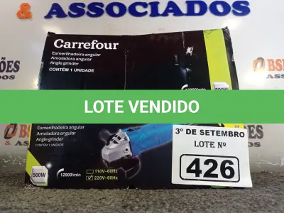LOTE 426 - 01 ESMERILHADEIRA ANGULAR 500W 220V. (NO ESTADO) ATENÇÃO! FAZER A VISITAÇÃO ANTES DE ARREMATAR, NÃO SABEMOS SE FUNCIONA. LEILÃO NÃO TEM GARANTIA E NEM DEVOLUÇÃO, SUJEITO A POSSÍVEIS AVARIAS VISÍVEIS/OCULTAS E/OU AUSÊNCIA DE COMPONENTES.