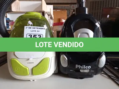 LOTE 353 - 02 ASPIRADORES DE PÓ MARCAS E MODELOS DIVERSOS. (NO ESTADO) ATENÇÃO! FAZER A VISITAÇÃO ANTES DE ARREMATAR, NÃO SABEMOS SE FUNCIONA. LEILÃO NÃO TEM GARANTIA E NEM DEVOLUÇÃO, SUJEITO A POSSÍVEIS AVARIAS VISÍVEIS/OCULTAS E/OU AUSÊNCIA DE COMPONENTES.