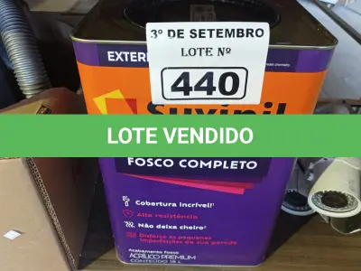 LOTE 440 - 01 LATA DE TINTA SUVINIL INTERIORES /EXTERIORES SEM CHEIRO 18L NA COR FOSCO BRANCO NEVE. (NO ESTADO) ATENÇÃO! FAZER A VISITAÇÃO ANTES DE ARREMATAR, NÃO SABEMOS SE FUNCIONA. LEILÃO NÃO TEM GARANTIA E NEM DEVOLUÇÃO, SUJEITO A POSSÍVEIS AVARIAS VISÍVEIS/OCULTAS E/OU AUSÊNCIA DE COMPONENTES.