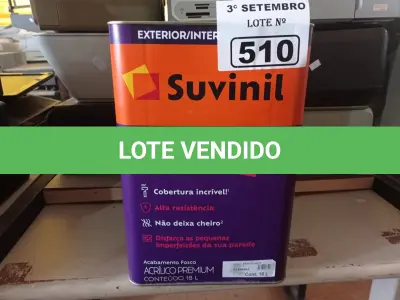 LOTE 510 - 01 LATA DE TINTA SUVINIL INTERIORES /EXTERIORES SEM CHEIRO 18L NA COR FOSCO BRANCO NEVE. (NO ESTADO) ATENÇÃO! FAZER A VISITAÇÃO ANTES DE ARREMATAR, NÃO SABEMOS SE FUNCIONA. LEILÃO NÃO TEM GARANTIA E NEM DEVOLUÇÃO, SUJEITO A POSSÍVEIS AVARIAS VISÍVEIS/OCULTAS E/OU AUSÊNCIA DE COMPONENTES.